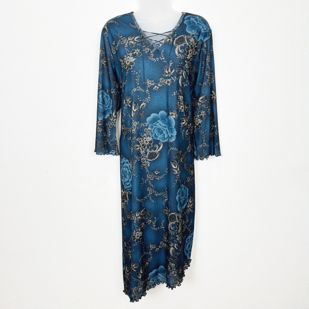 Vtg 90s Expressions Dress Womens XL* Blue Floral Y2K Whimsigoth Fairy Grunge NOS